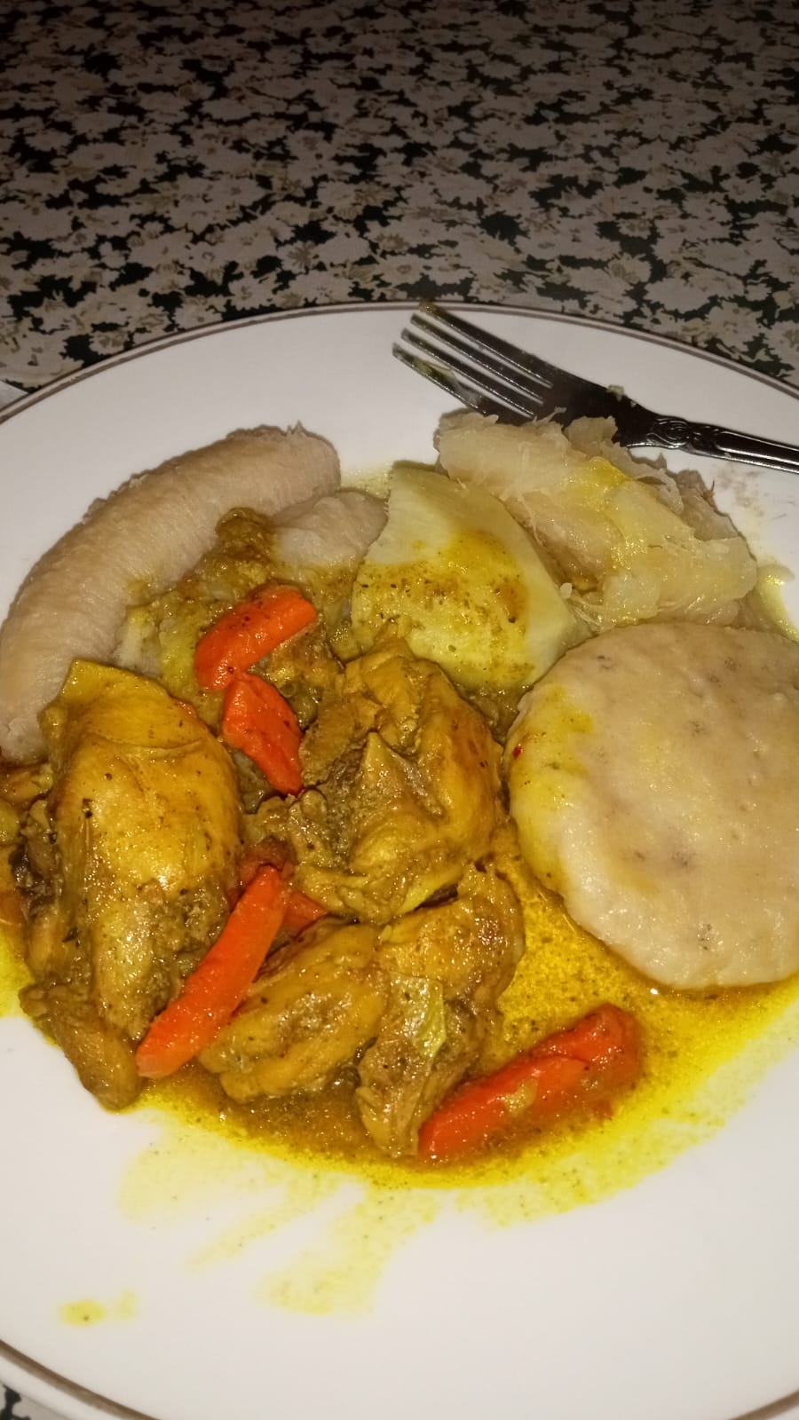 Curry Chicken with Boiled dumplings and boiled plantain